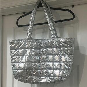 Silver Nylon Quilted Puffer Tote Bag